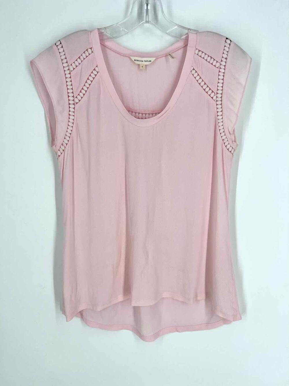 Rebecca Taylor Size 4 Pink Solid Lace Trim Designer Top-Short Sleeve